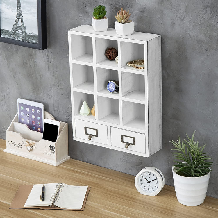 9-Slot White Wall-Mounted Shadow Box Display Shelf with 2 Pullout Drawers