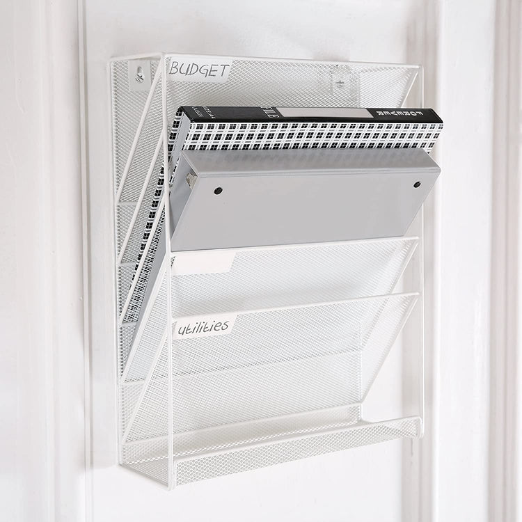 White, Wall-Mounted Magazine Rack, 5 Slot Hanging Document Filing System