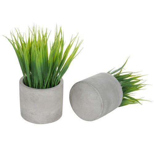 Artificial Green Grass in Gray Cement Pots, Set of 2