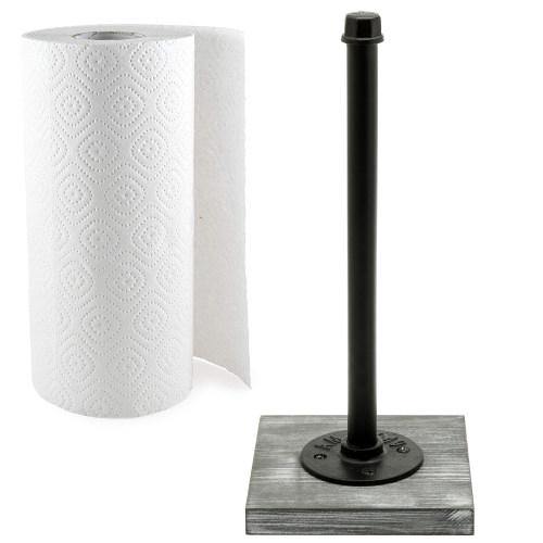 Paper Towel Roll Holder with Rustic Gray Wood Base and Industrial Pipe Design