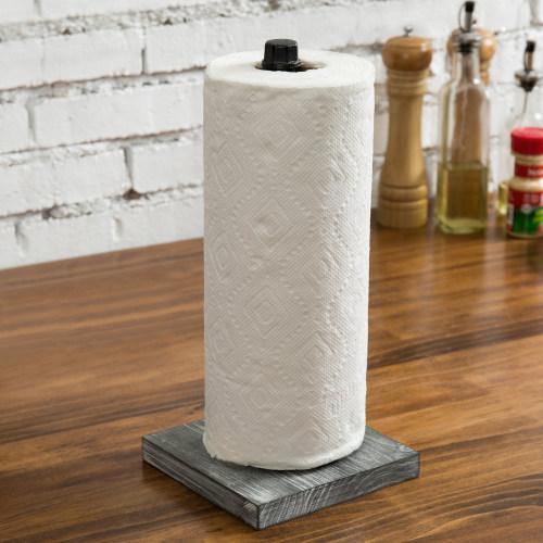 Paper Towel Roll Holder with Rustic Gray Wood Base and Industrial Pipe Design