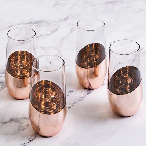 Copper Stemless Champagne Flute Glasses, Set of 4