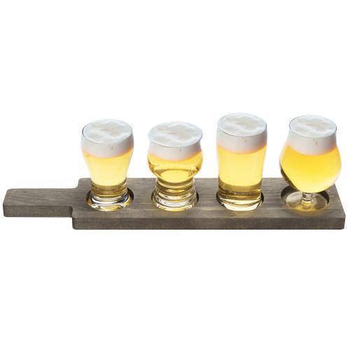 Craft Beer Tasting Flight Set with 4 Glasses & Gray Wood Paddle Serving Tray