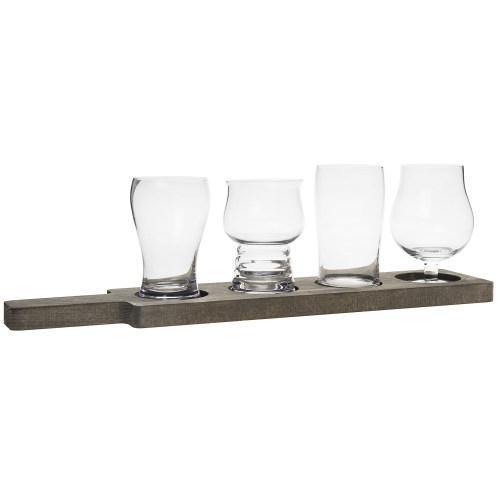 Craft Beer Tasting Flight Set with 4 Glasses & Gray Wood Paddle Serving Tray