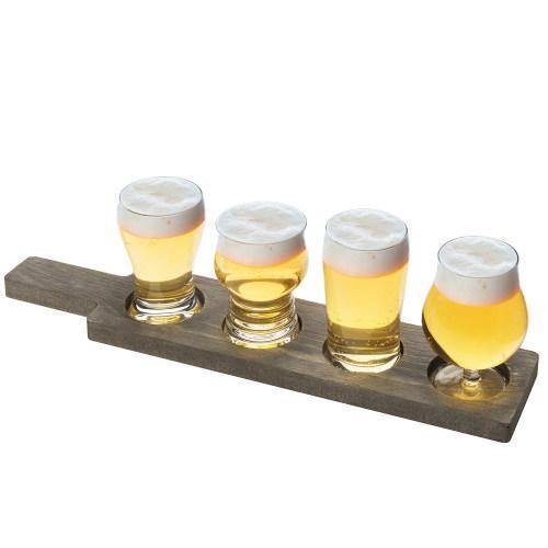 Craft Beer Tasting Flight Set with 4 Glasses & Gray Wood Paddle Serving Tray