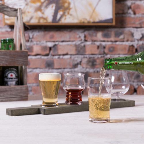 Craft Beer Tasting Flight Set with 4 Glasses & Gray Wood Paddle Serving Tray