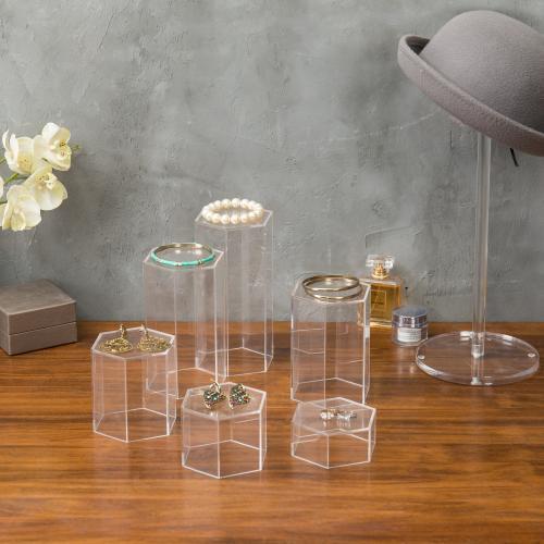 Hexagonal Clear Acrylic Jewelry Display Riser Stands, Set of 6