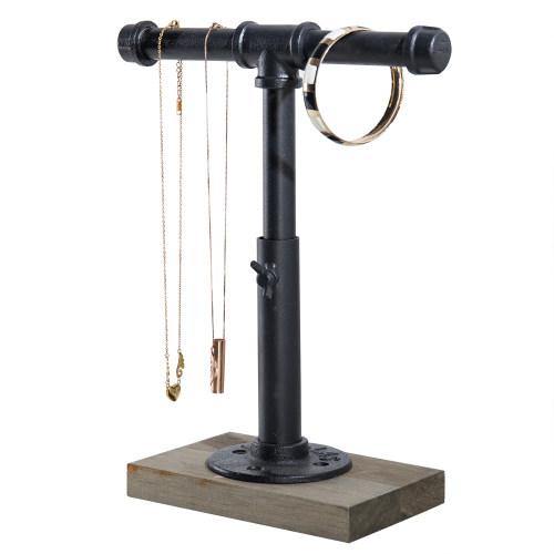 Industrial Pipe Jewelry Stand with Gray Wood Base