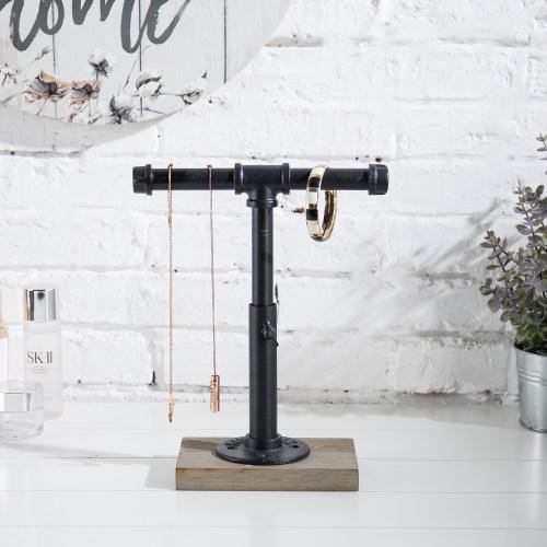 Industrial Pipe Jewelry Stand with Gray Wood Base