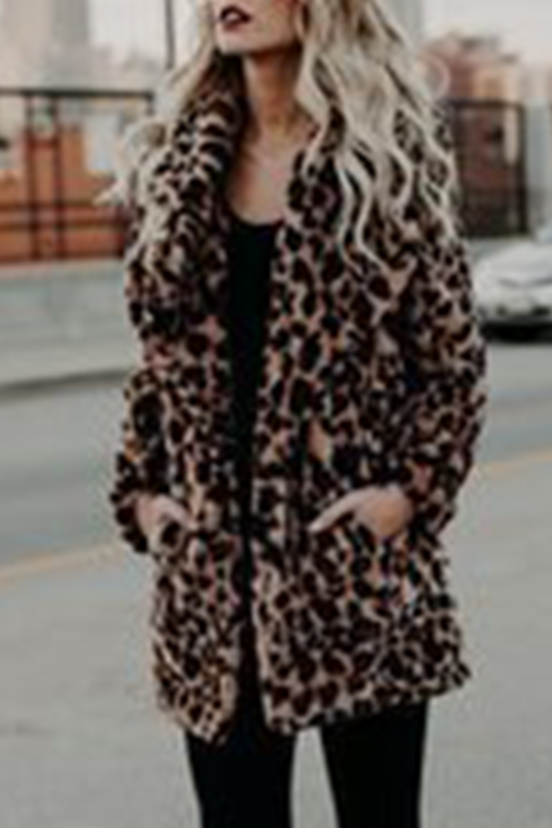 Fashion Elegant & Stylish Leopard Pocket Basic Turndown Collar Outerwear