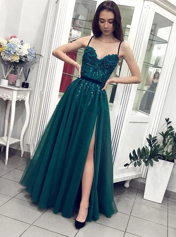 Gorgeous A-line Spaghetti-straps Beaded Long Green Prom Dress With Split