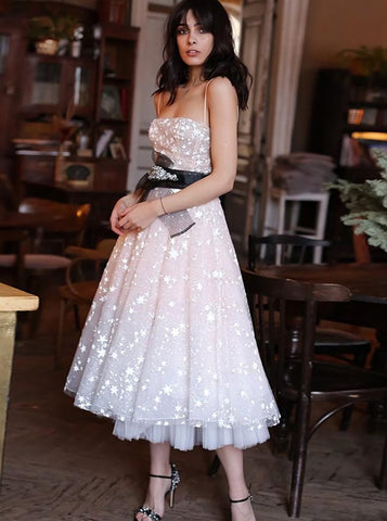 A Line Spaghetti Strap Tea Length Pearl Pink Tulle Prom Homecoming Dress
