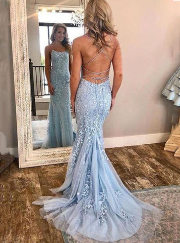 Mermaid Backless Prom Dress Tulle Spaghetti Appliques Evening Gown