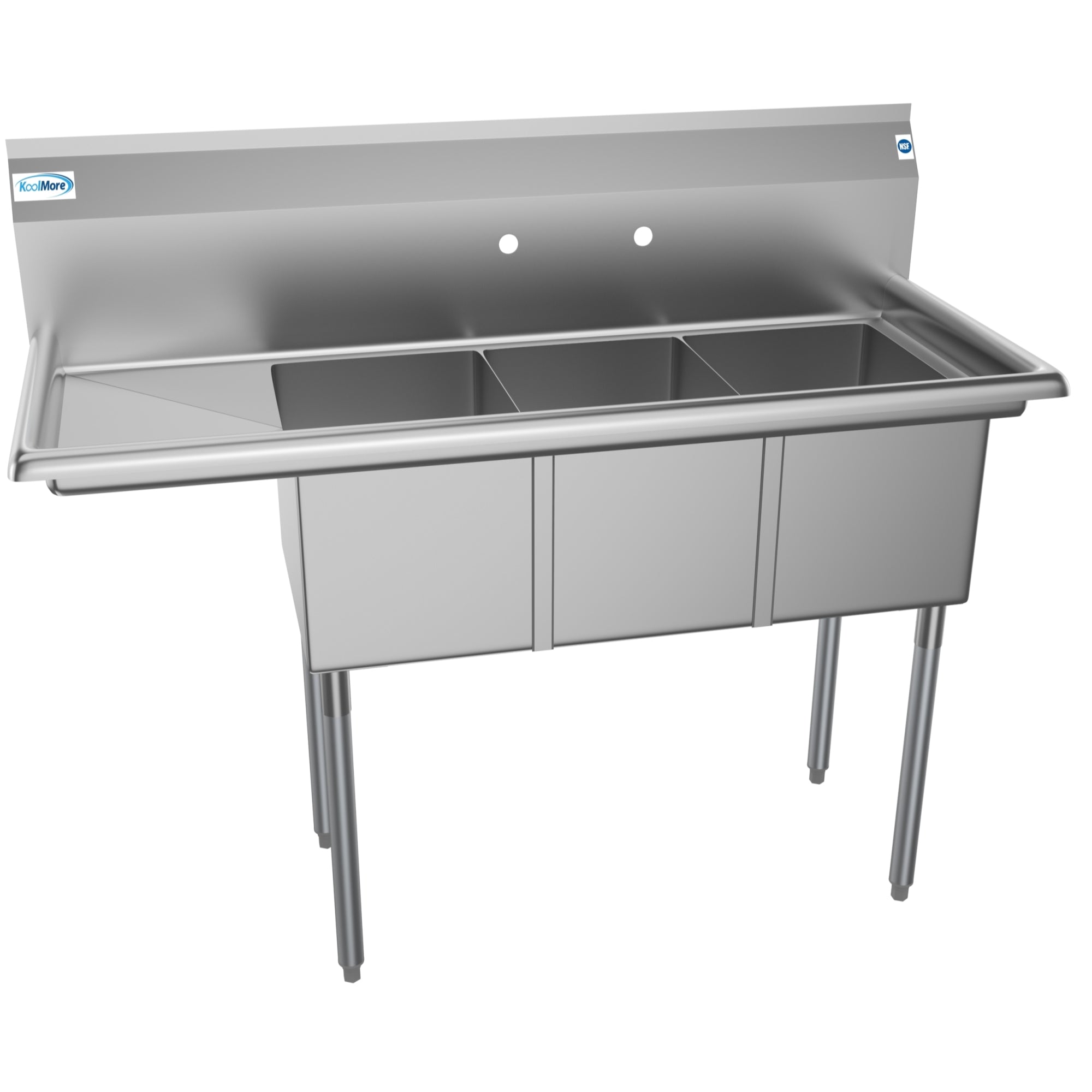 51 in. Three Compartment Stainless Steel Commercial Sink with Drainboard, Bowl Size 12
