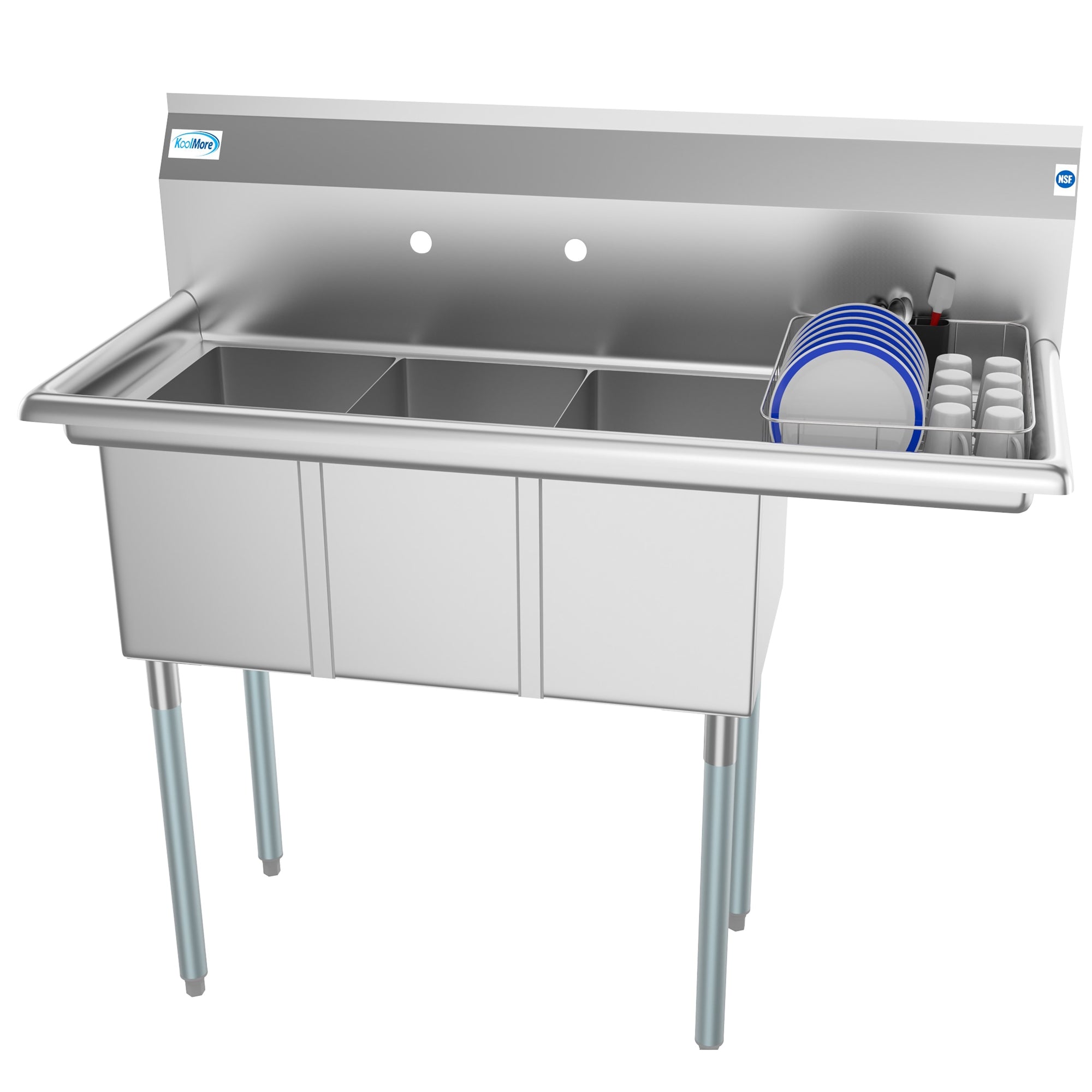 45 in. Three Compartment Stainless Steel Commercial Sink with Drainboard, Bowl Size 10