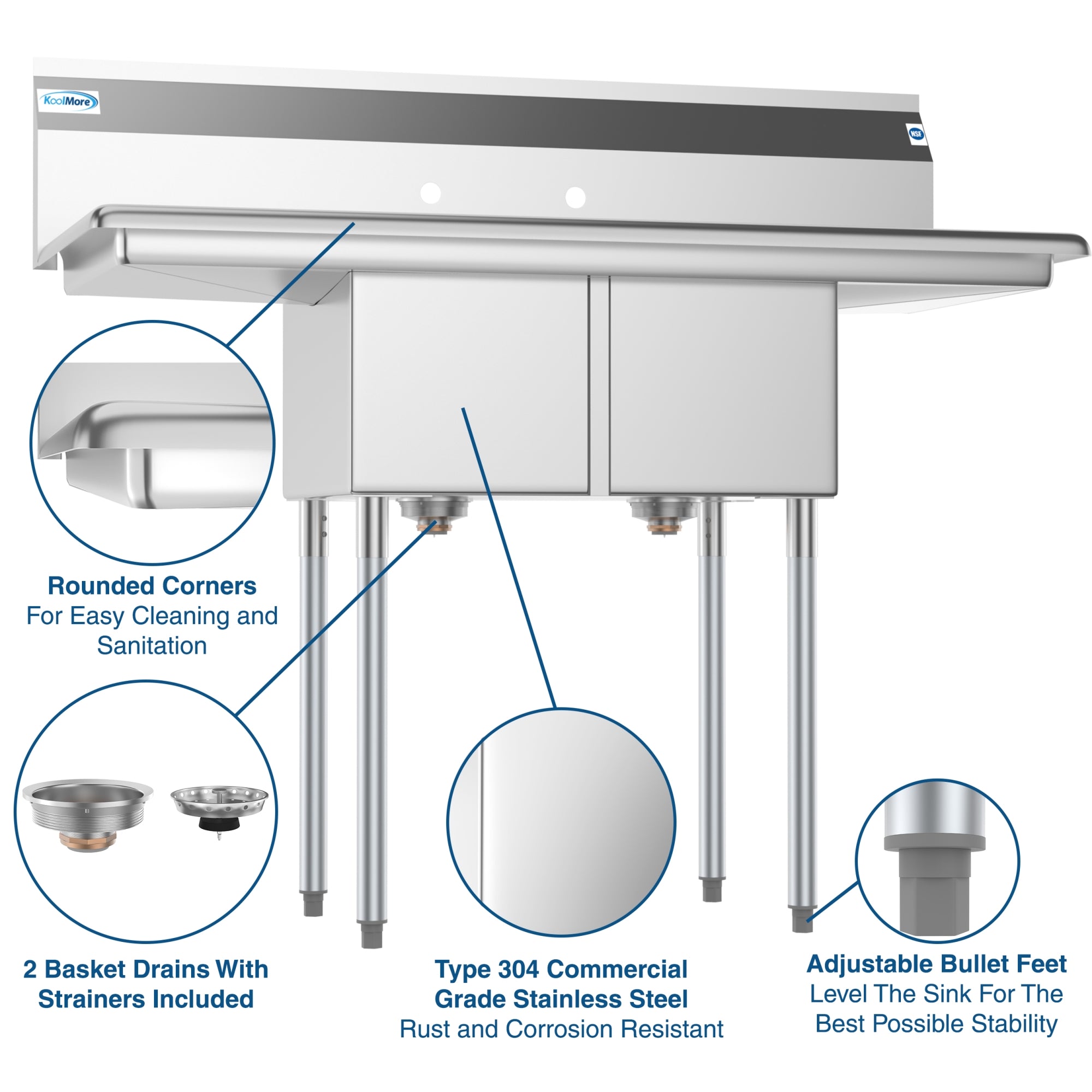 48 in. Two Compartment Stainless Steel Commercial Sink with 2 Drainboards, Bowl Size 12