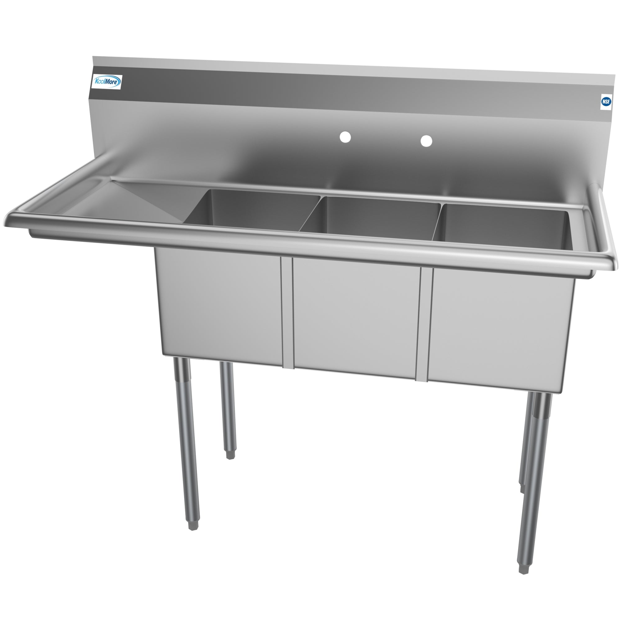 51 in. Three Compartment Stainless Steel Commercial Sink with Drainboard, Bowl Size 12