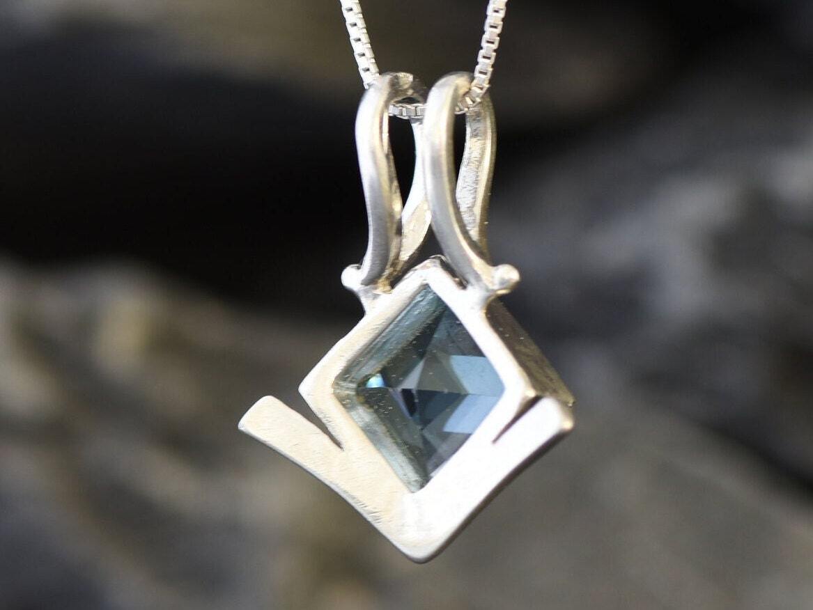 Blue Topaz Necklace - Vintage Square Necklace - Sky Blue Bezel Pendant