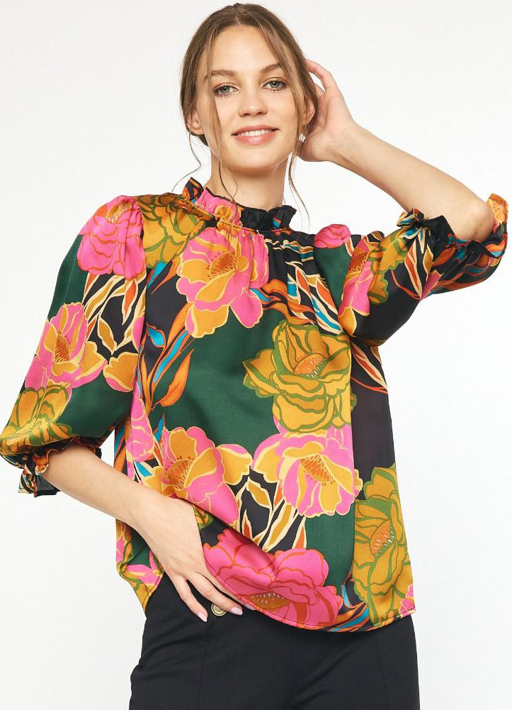 Floral Print Mock Neck Top in Black/Green by Entro