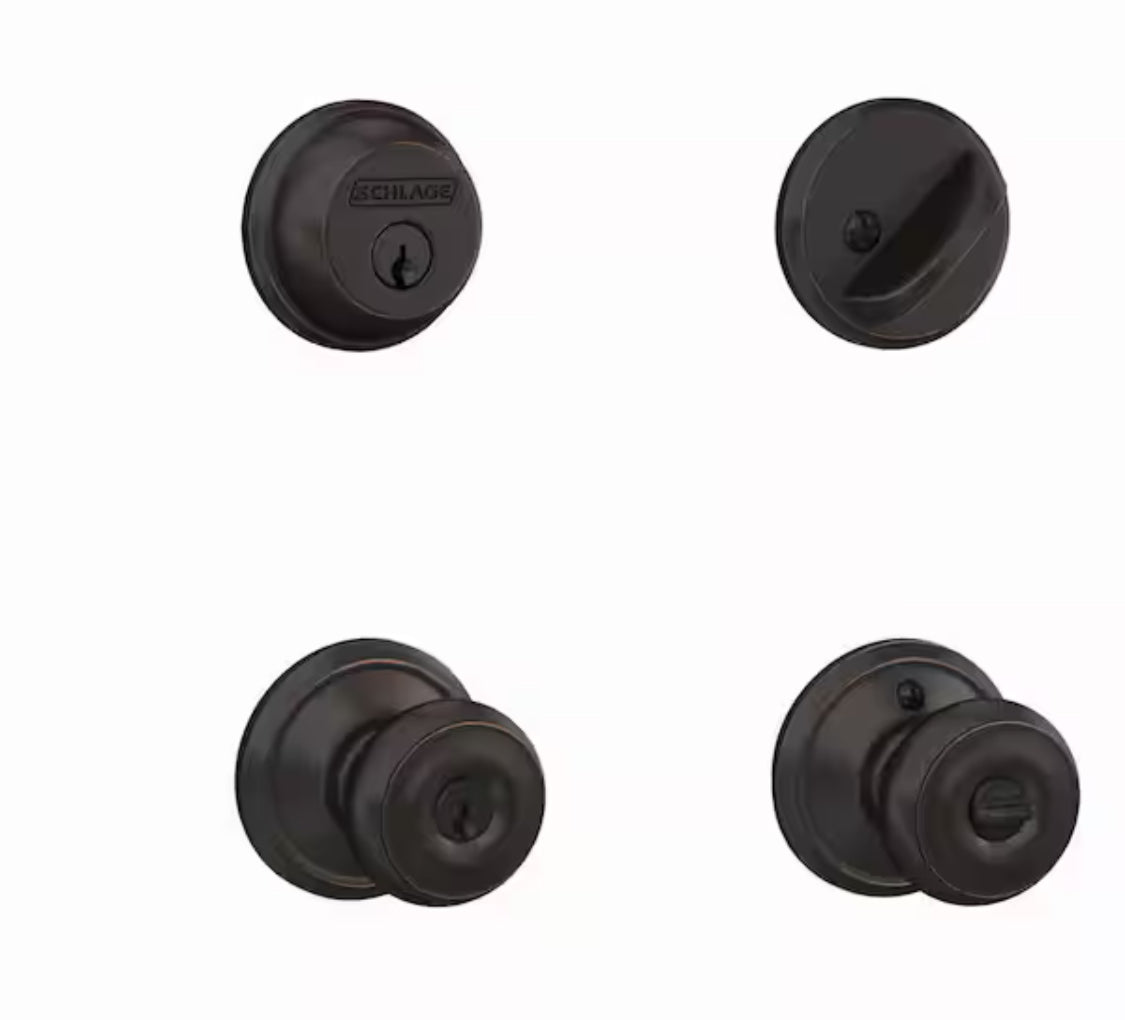 Schlage Georgian Aged Bronze Single Cylinder Deadbolt and Keyed Entry Door Knob Combo Pack