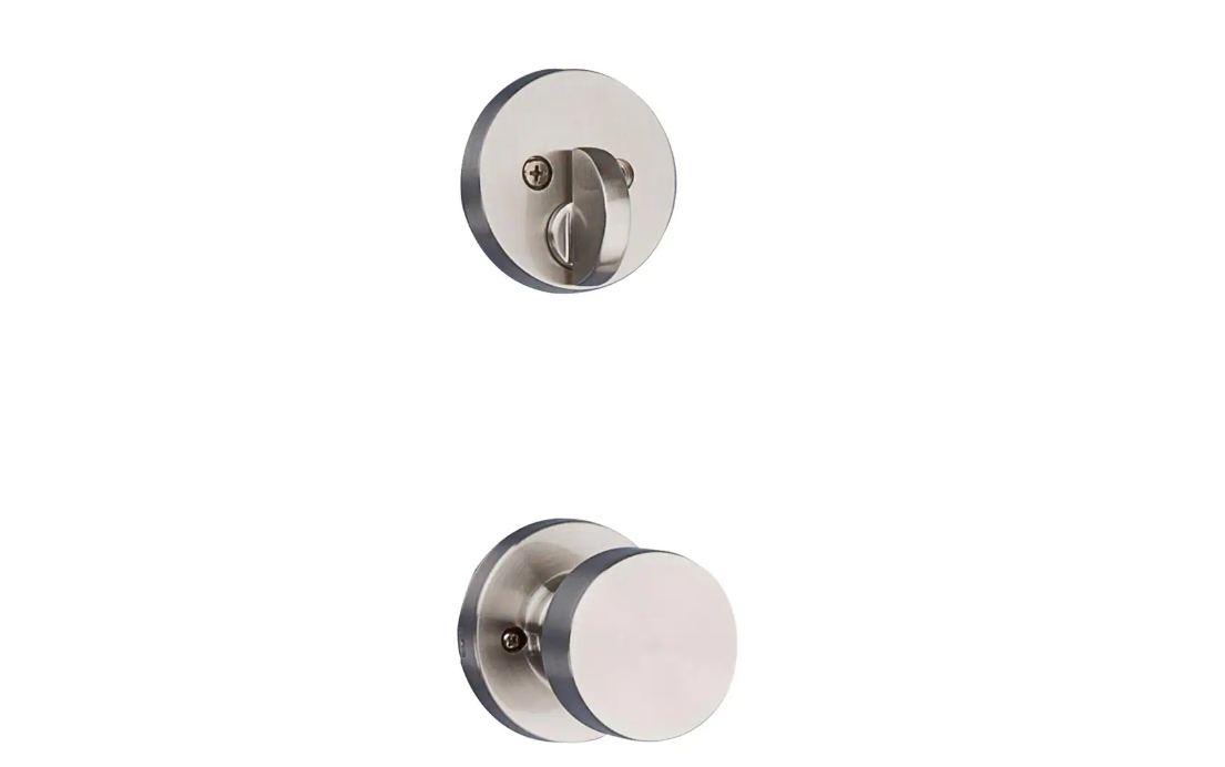 Kwikset Prague Satin Nickel Single Cylinder Entry Door Handleset with Round Pismo Knob Featuring SmartKey Security