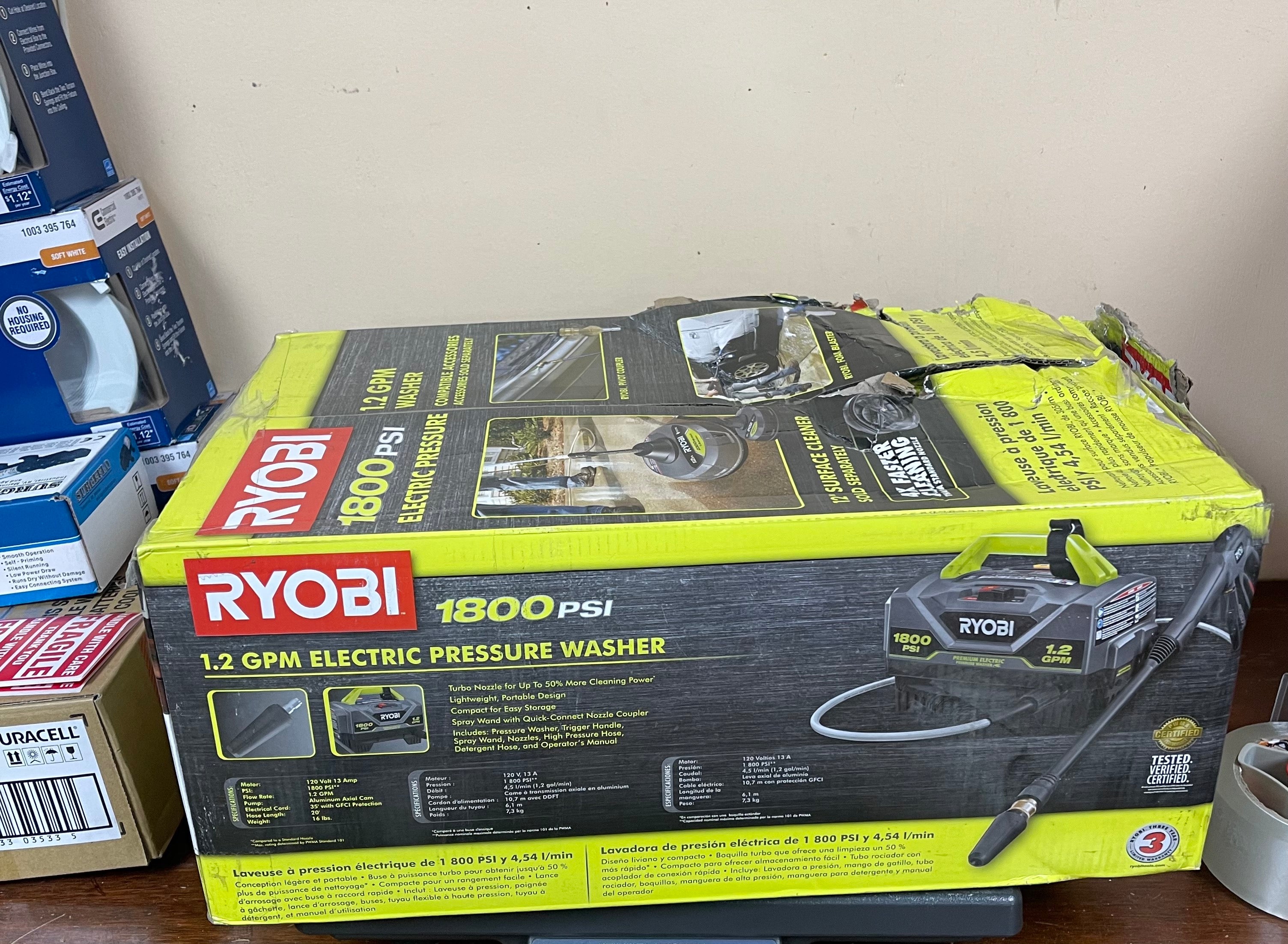 Ryobi 1800 PSI 1.2 GPM Cold Water Electric Pressure Washer Damaged Box