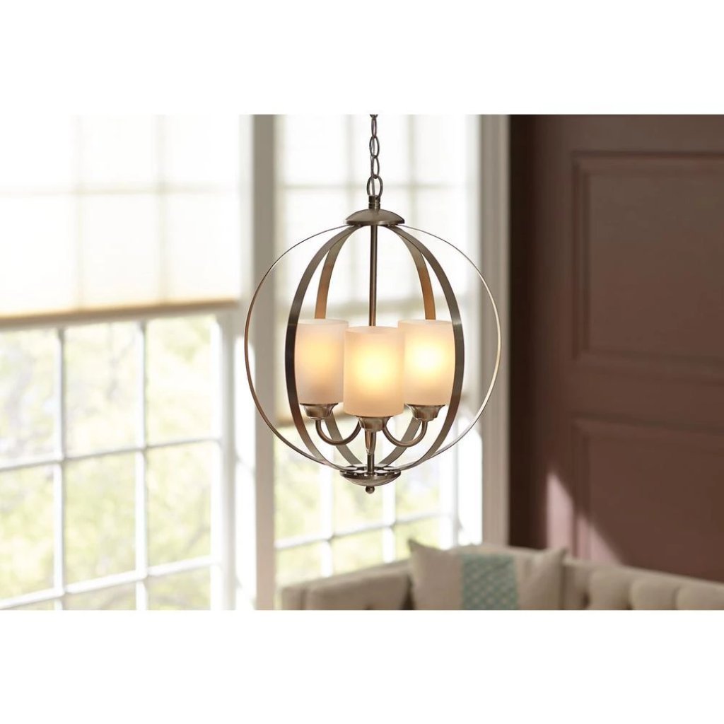 Hampton Bay 3-Light Brushed Nickel Chandelier with Etched White Glass Shades Damaged Box