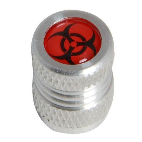 Pilot Automotive Silver Biohazard logo Aluminum Valve Cap - Set of 4 Damaged Package