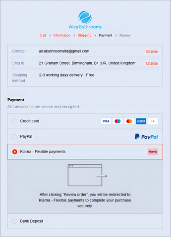 Aica bathrooms Klarna payment option