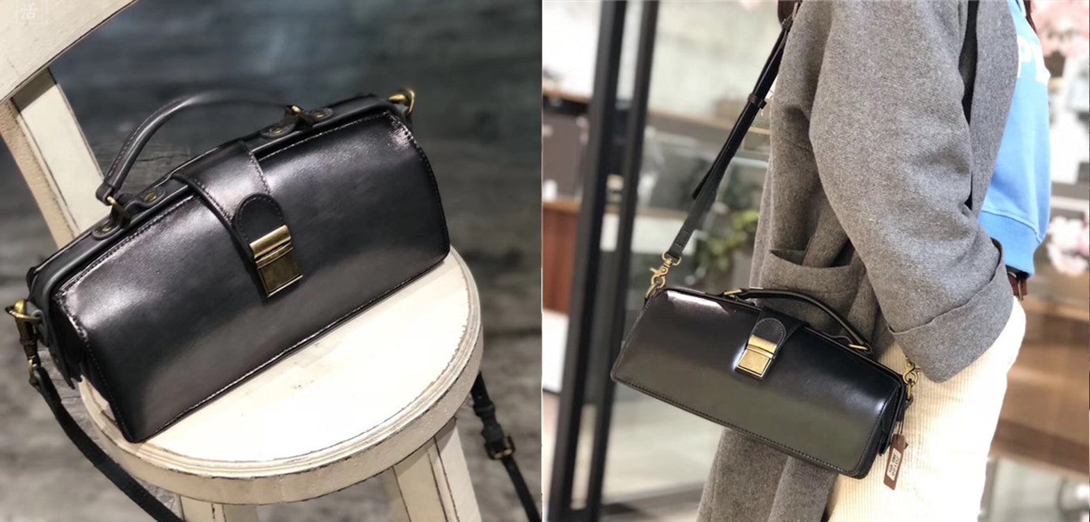 -Women's Black Leather Handbags Doctor Satchel Purse Small Shoulder Bags for Women