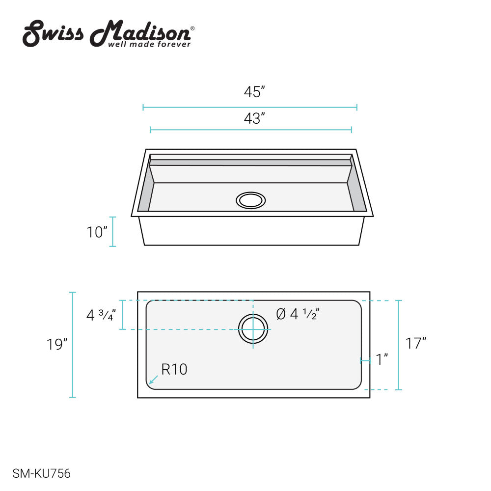 Rivage 45 x 19 Single Basin Undermount Kitchen Workstation Sink