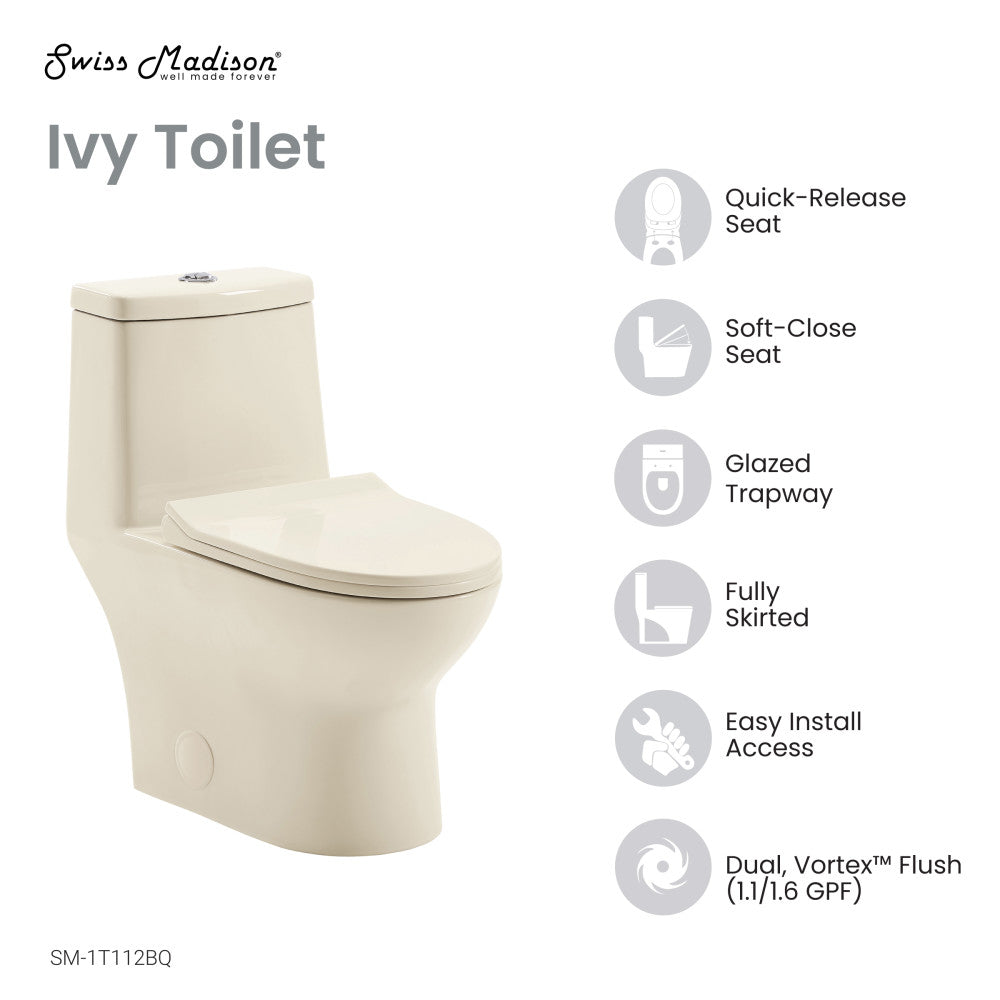 Ivy One Piece Toilet Dual Vortex Flush 1.1/1.6 gpf in Bisque