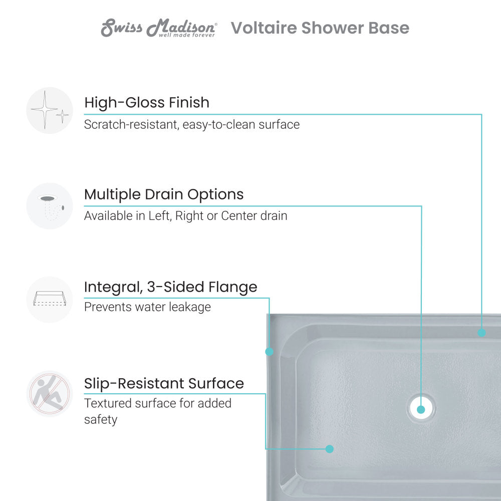 Voltaire 48 x 36 Single-Threshold, Right-Hand Drain, Shower Base in Grey