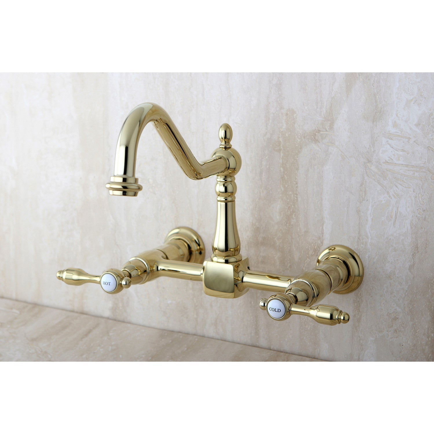 Tudor KS1242TAL Two-Handle 2-Hole Wall Mount Bridge Kitchen Faucet, Polished Brass