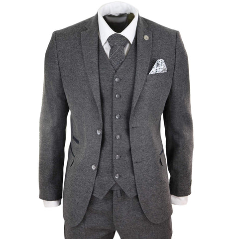 Mens 3 Pieces Grey Wool Tweed Lapel Single-Breasted Suits – DressCulture