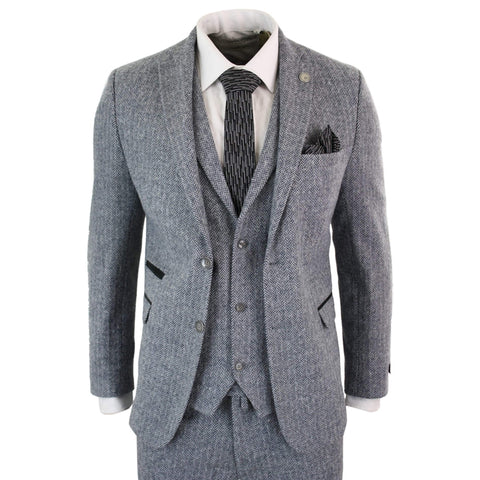 Mens 3 Piece Lapel Herringbone Wool Tweed Suit Slim Fit Casual Suits ...