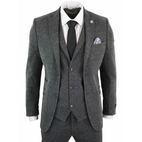 Mens 3 Piece Lapel Herringbone Wool Tweed Suit Slim Fit Casual Suits ...