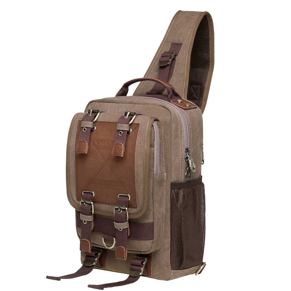 KAUKKO Canvas Crossbody Sling Bag Backpack for Cycling, Hiking, Camping, and Commuting, FD252-3 ( Khaki )