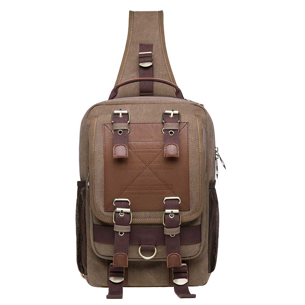 KAUKKO Canvas Crossbody Sling Bag Backpack for Cycling, Hiking, Camping, and Commuting, FD252-3 ( Khaki )
