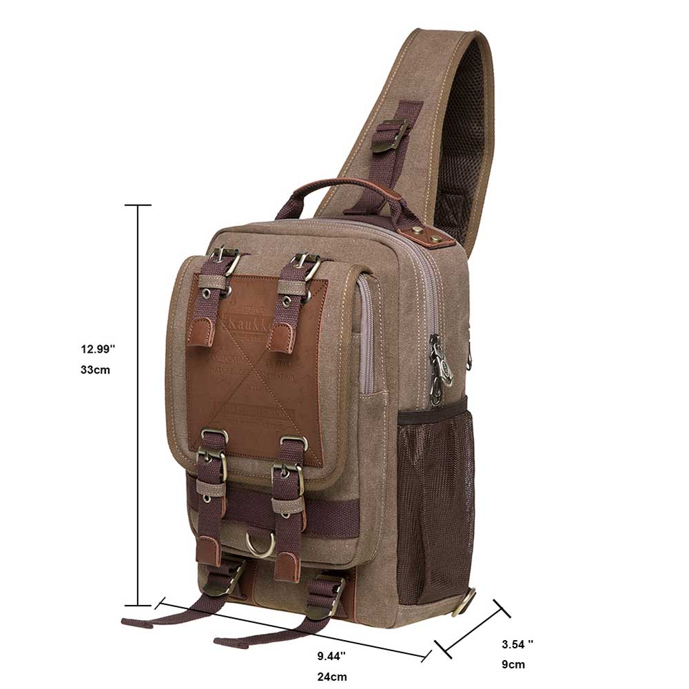 KAUKKO Canvas Crossbody Sling Bag Backpack for Cycling, Hiking, Camping, and Commuting, FD252-3 ( Khaki )