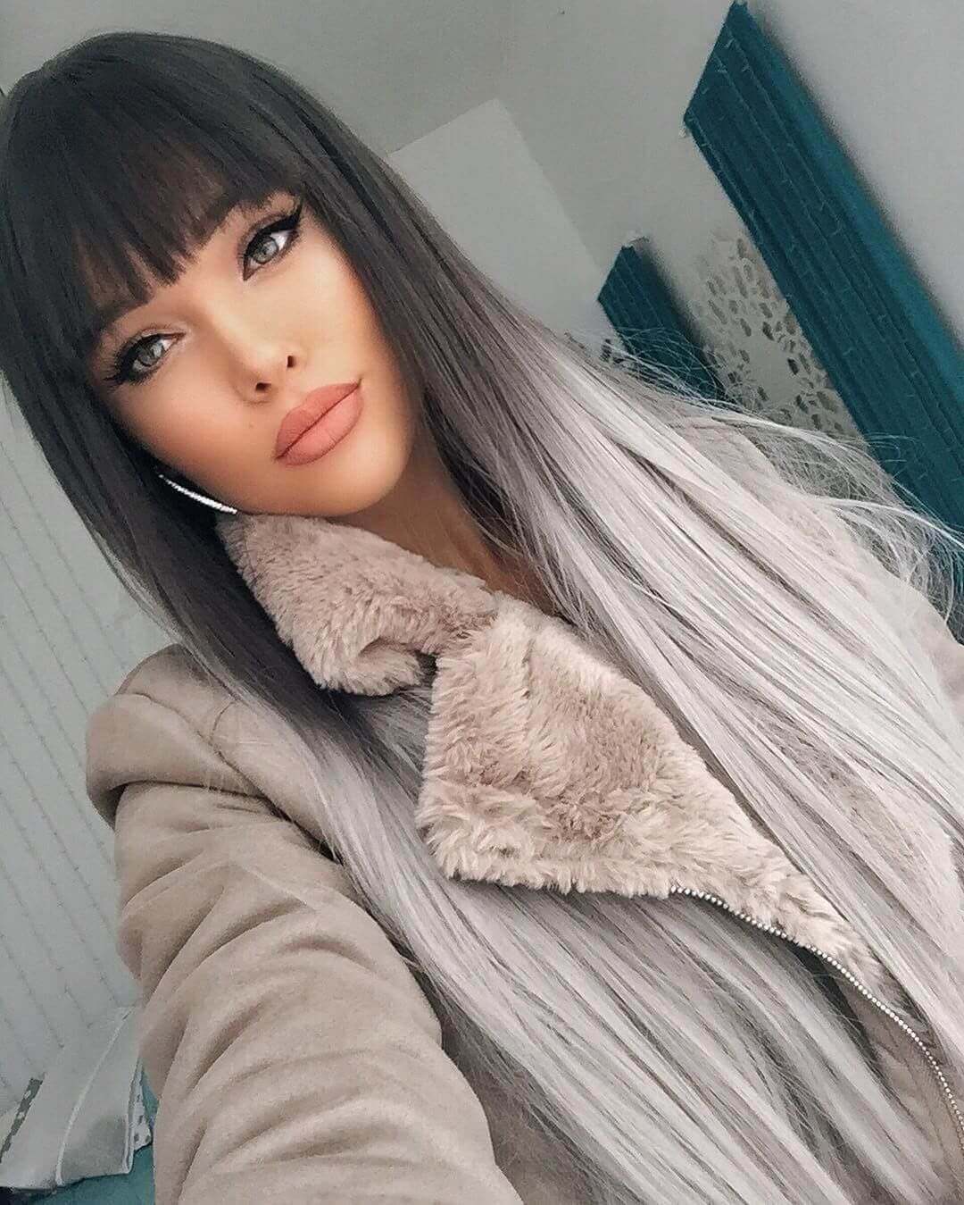 Ombre Grey Synthetic Lace Front Wig with Bangs