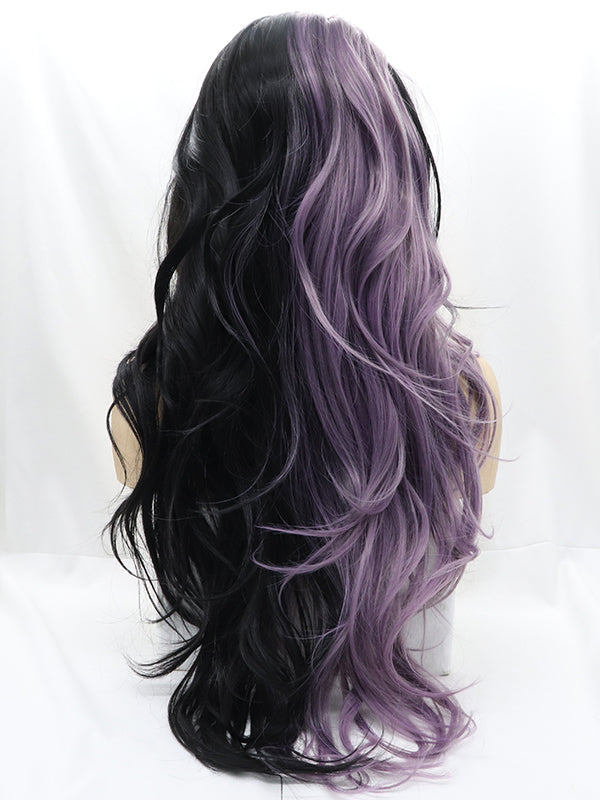 Ombre Half Black Half Purple Wavy Synthetic lace Front Wigs