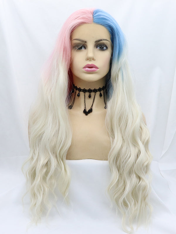 Pink mixed Blue Blonde Ombre Wavy Synthetic Lace Front Wig