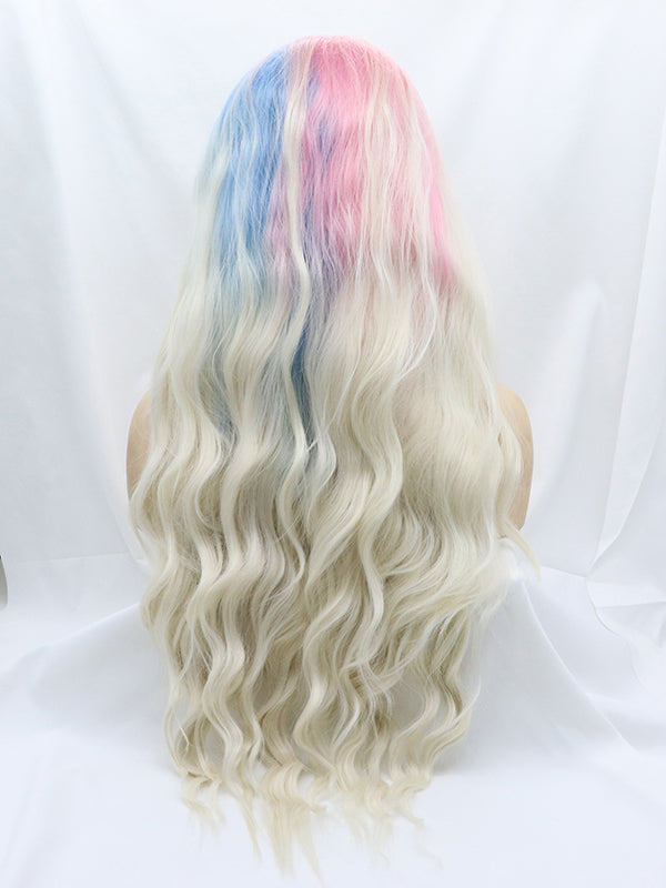 Pink mixed Blue Blonde Ombre Wavy Synthetic Lace Front Wig