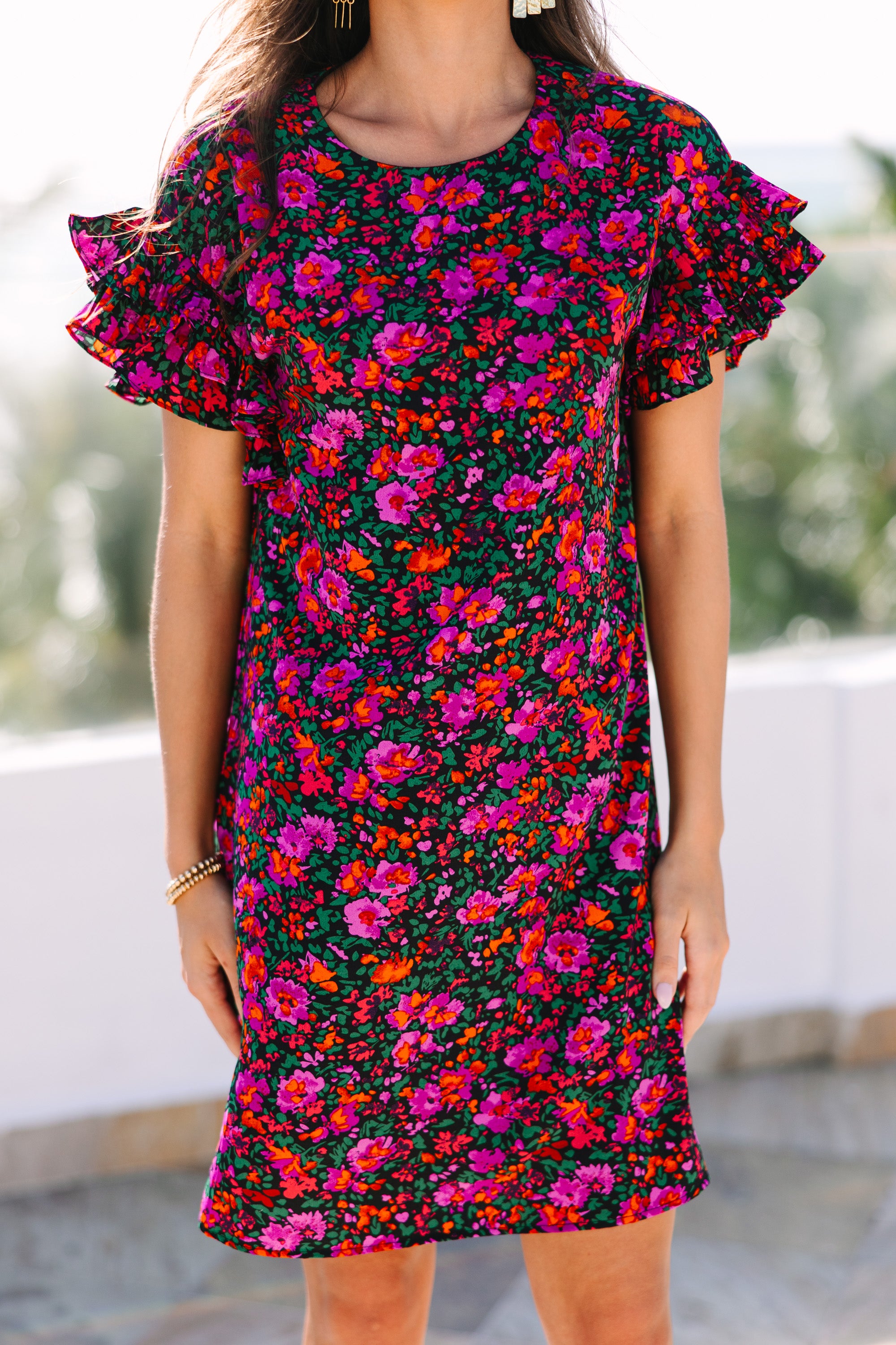 What A Vision Black Ditsy Floral Ruffled Dress