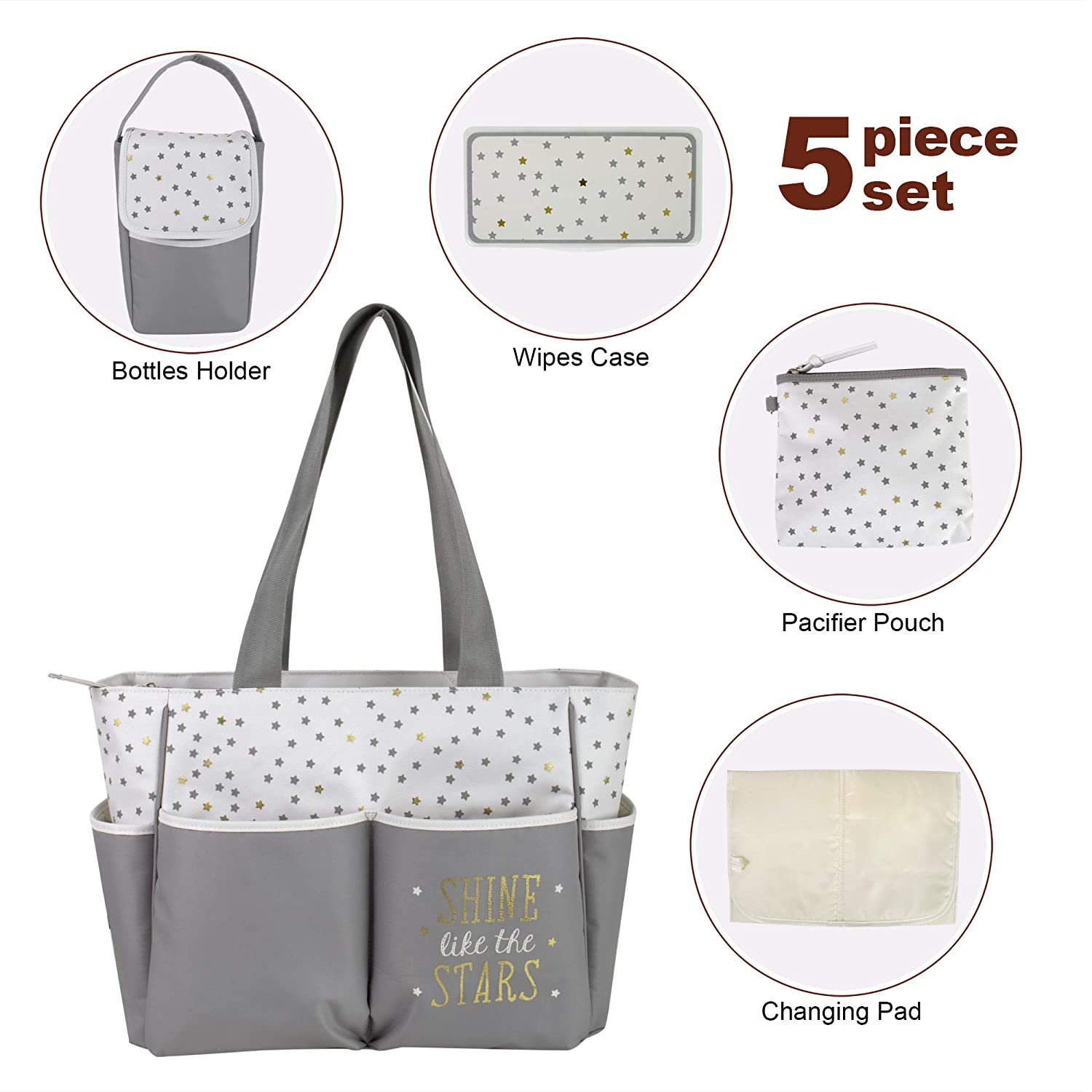 Diaper Bag Tote 5 Piece Set with Sun, Moon, and Stars, Wipes Pocket, Dirty Diaper Pouch, Changing Pad - Grey/Cream