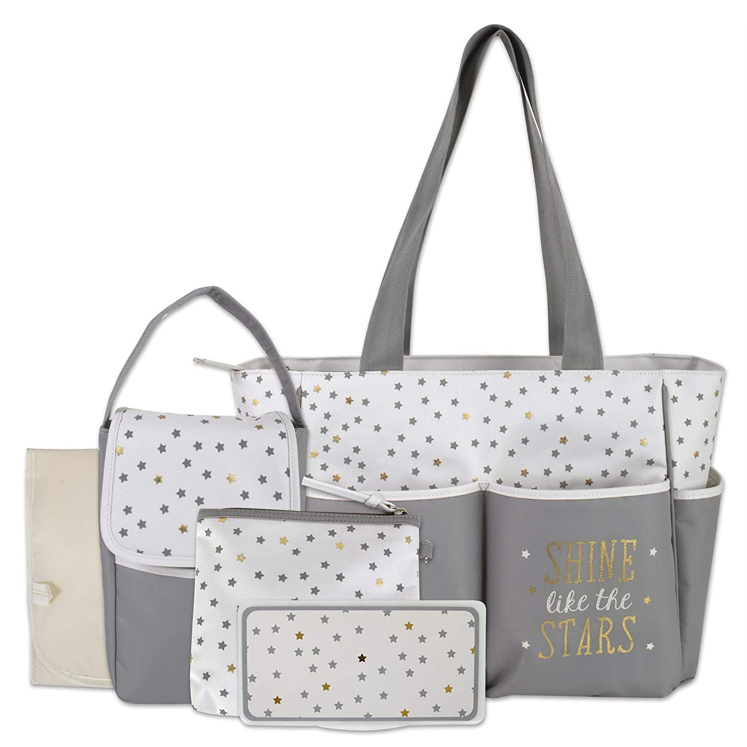 Diaper Bag Tote 5 Piece Set with Sun, Moon, and Stars, Wipes Pocket, Dirty Diaper Pouch, Changing Pad - Grey/Cream