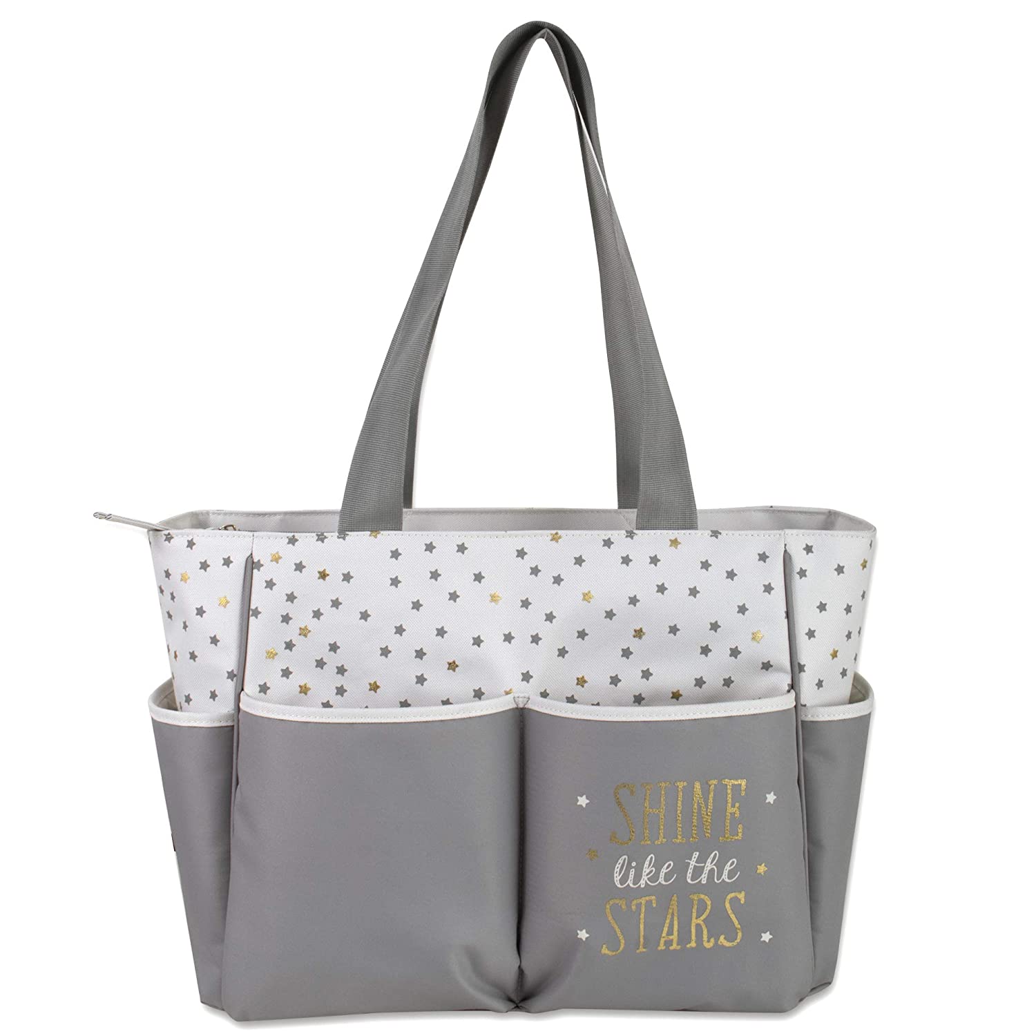 Diaper Bag Tote 5 Piece Set with Sun, Moon, and Stars, Wipes Pocket, Dirty Diaper Pouch, Changing Pad - Grey/Cream