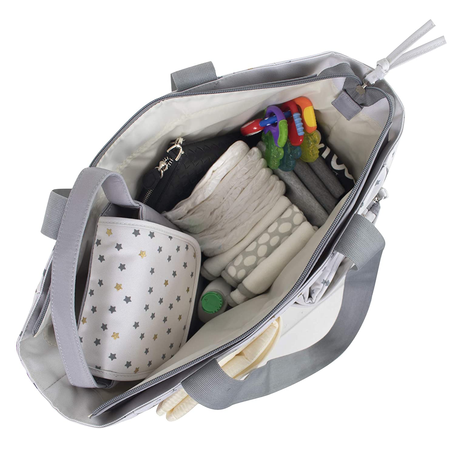 Diaper Bag Tote 5 Piece Set with Sun, Moon, and Stars, Wipes Pocket, Dirty Diaper Pouch, Changing Pad - Grey/Cream