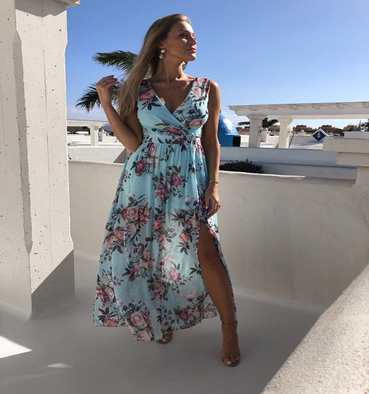 Fitted Floral Print High Slit Beach Dress